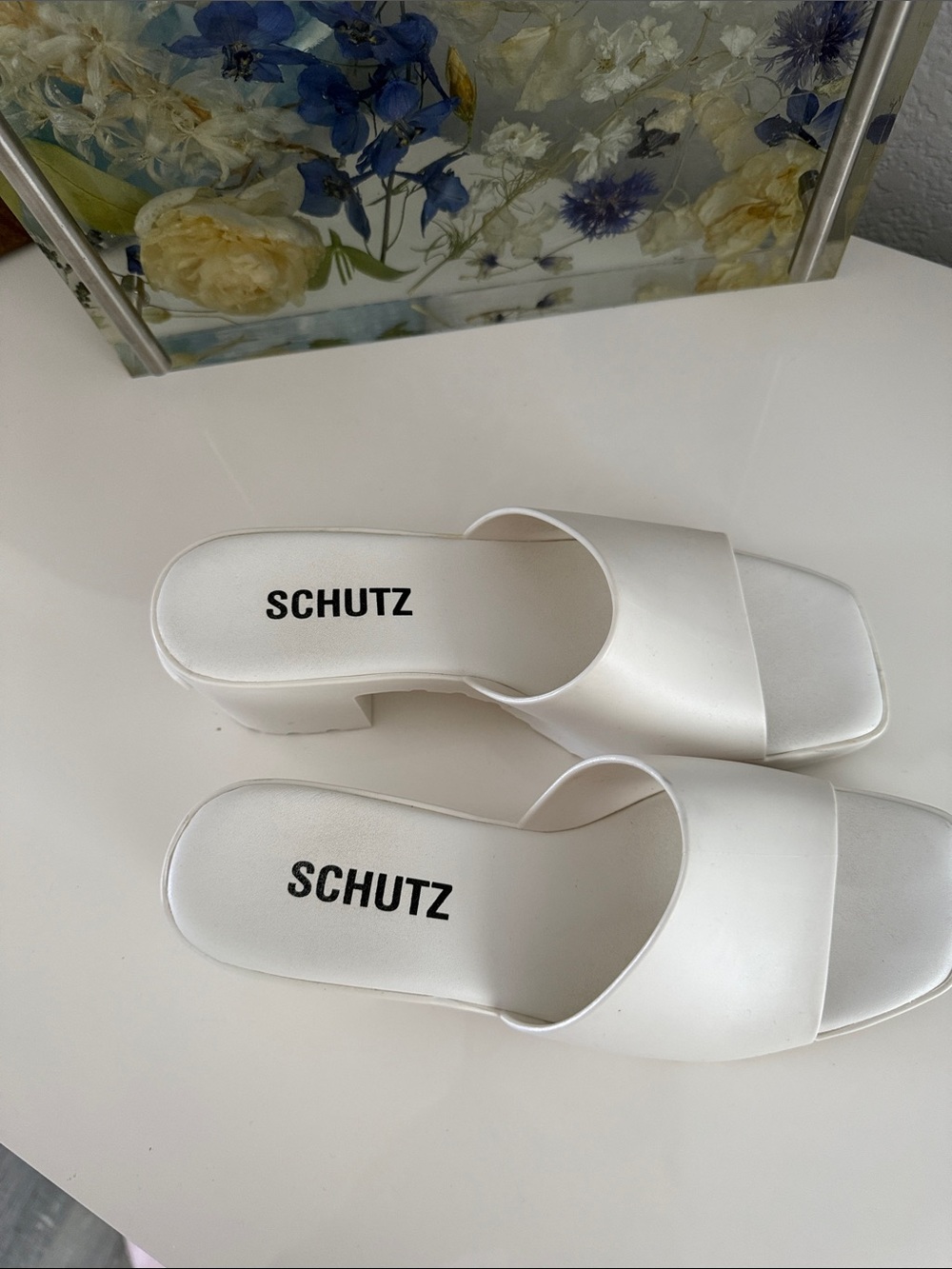 SCHUTZ White Slide Heeled Mules